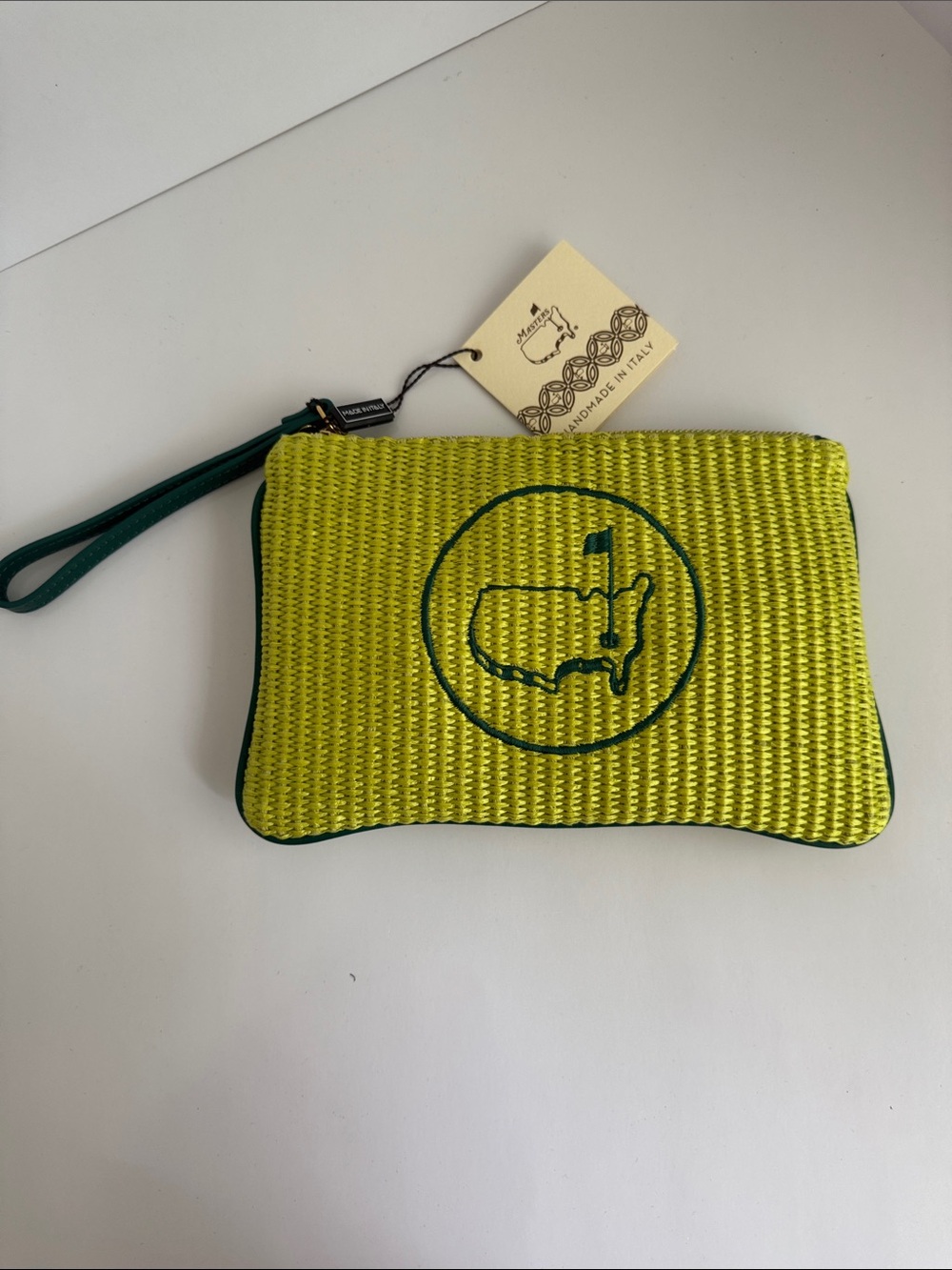 2025 Masters Lime Green Woven Straw Wristlet Clutch